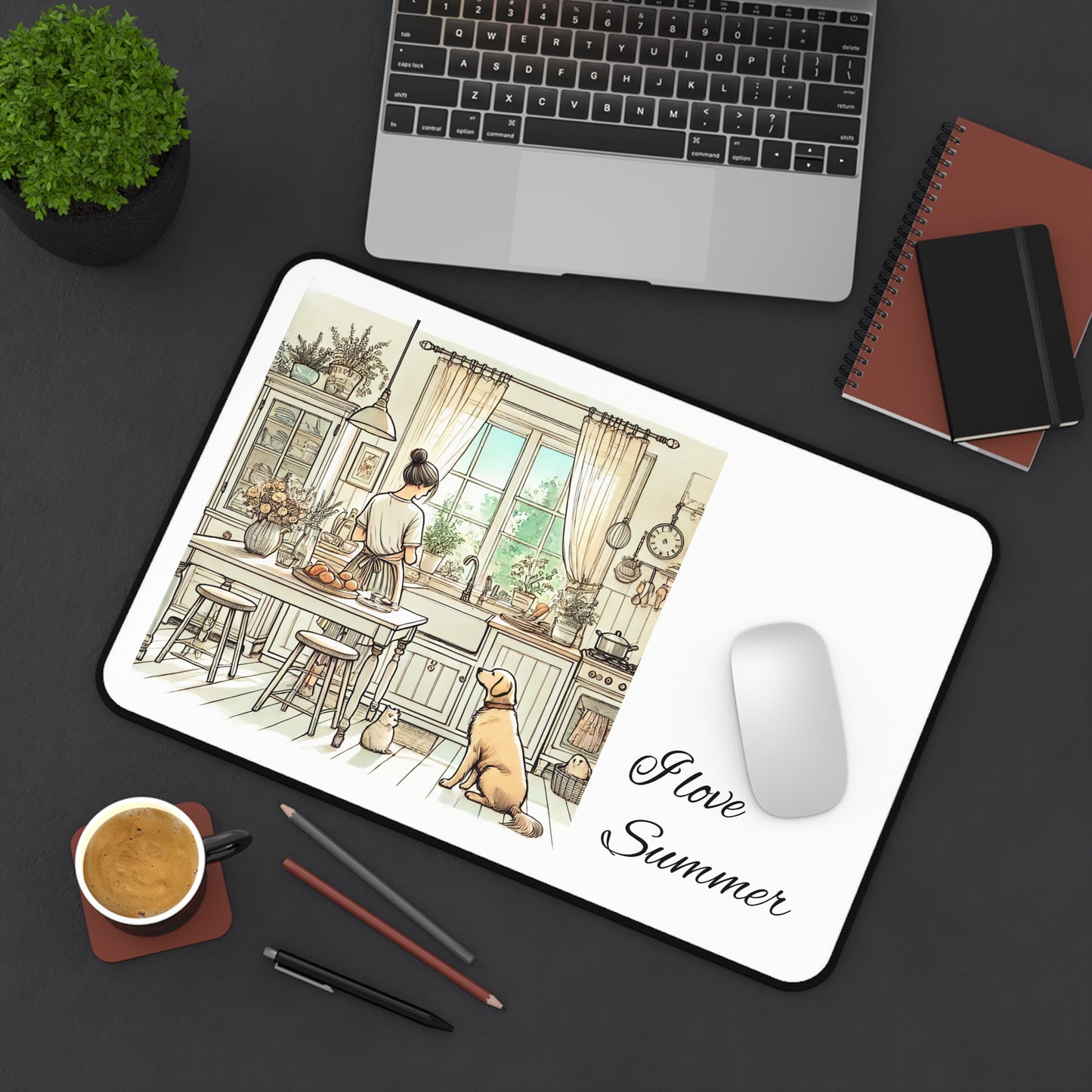 Summer Serenity: A Calm Kitchen Scene with a Woman, Dog, and Cat, Capturing Sunlit Ambiance and Gentle Harmony Summer Vibes Summer Desk Mat
