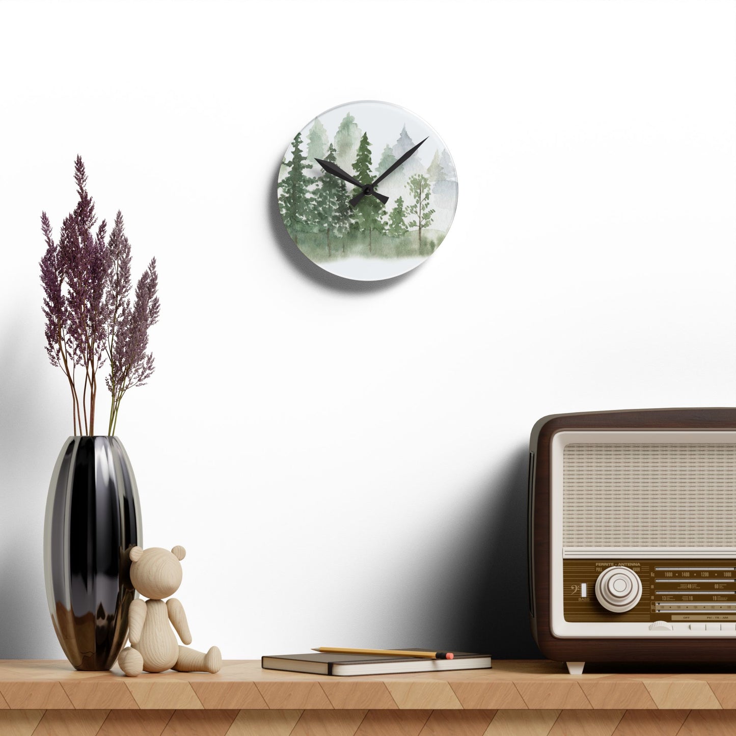 Watercolor Pine Oak Trees Acrylic Wall Clock