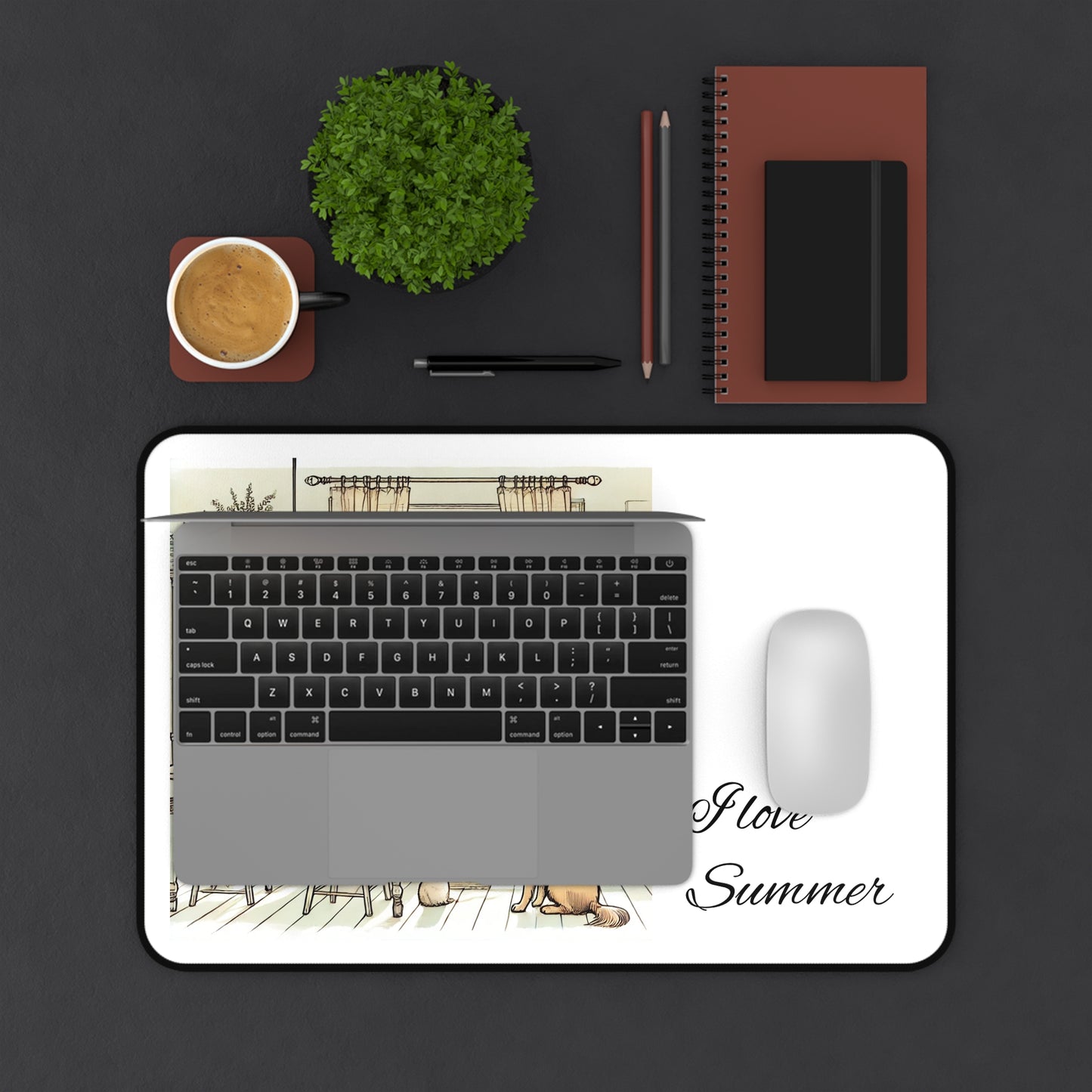 Summer Serenity: A Calm Kitchen Scene with a Woman, Dog, and Cat, Capturing Sunlit Ambiance and Gentle Harmony Summer Vibes Summer Desk Mat