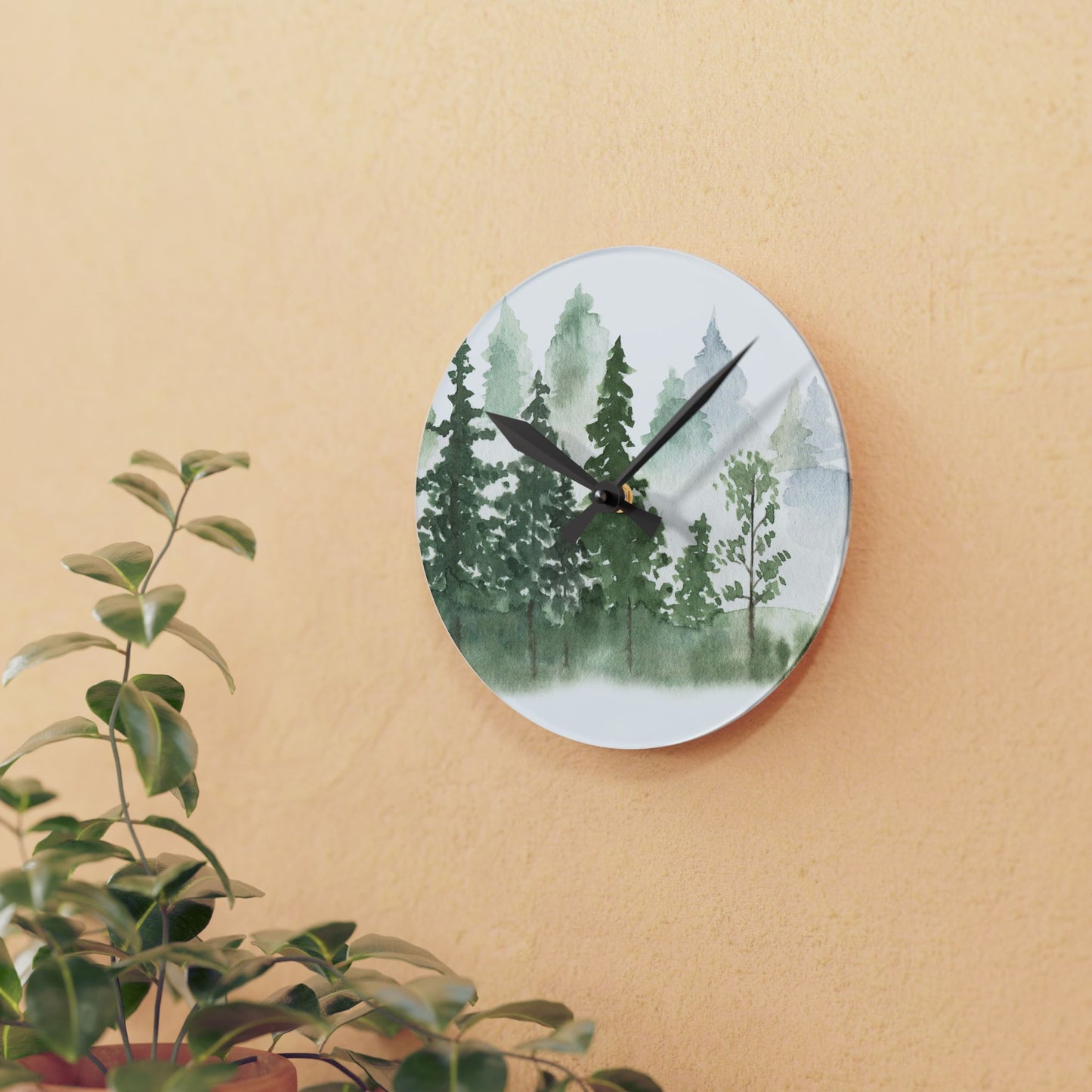 Watercolor Pine Oak Trees Acrylic Wall Clock