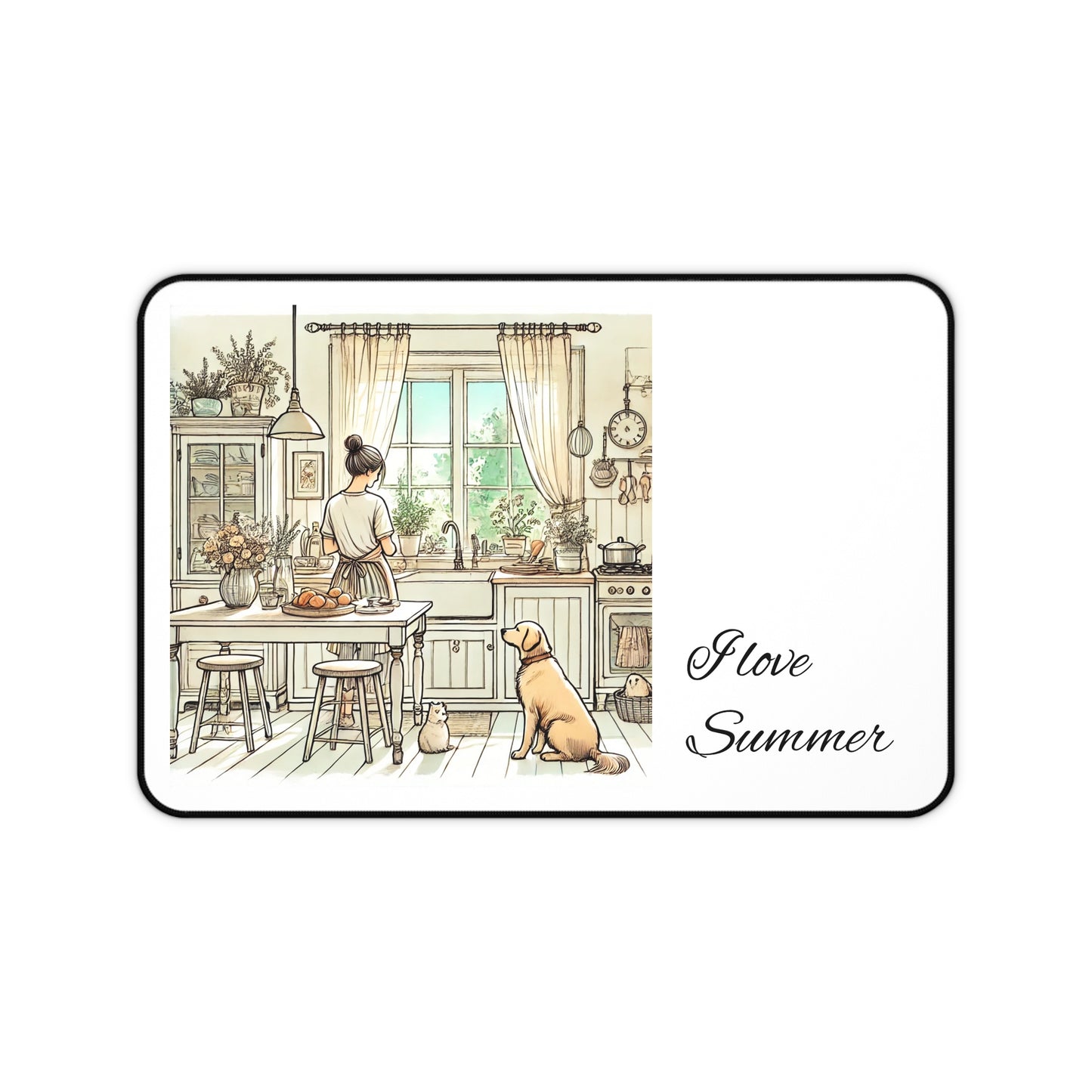 Summer Serenity: A Calm Kitchen Scene with a Woman, Dog, and Cat, Capturing Sunlit Ambiance and Gentle Harmony Summer Vibes Summer Desk Mat