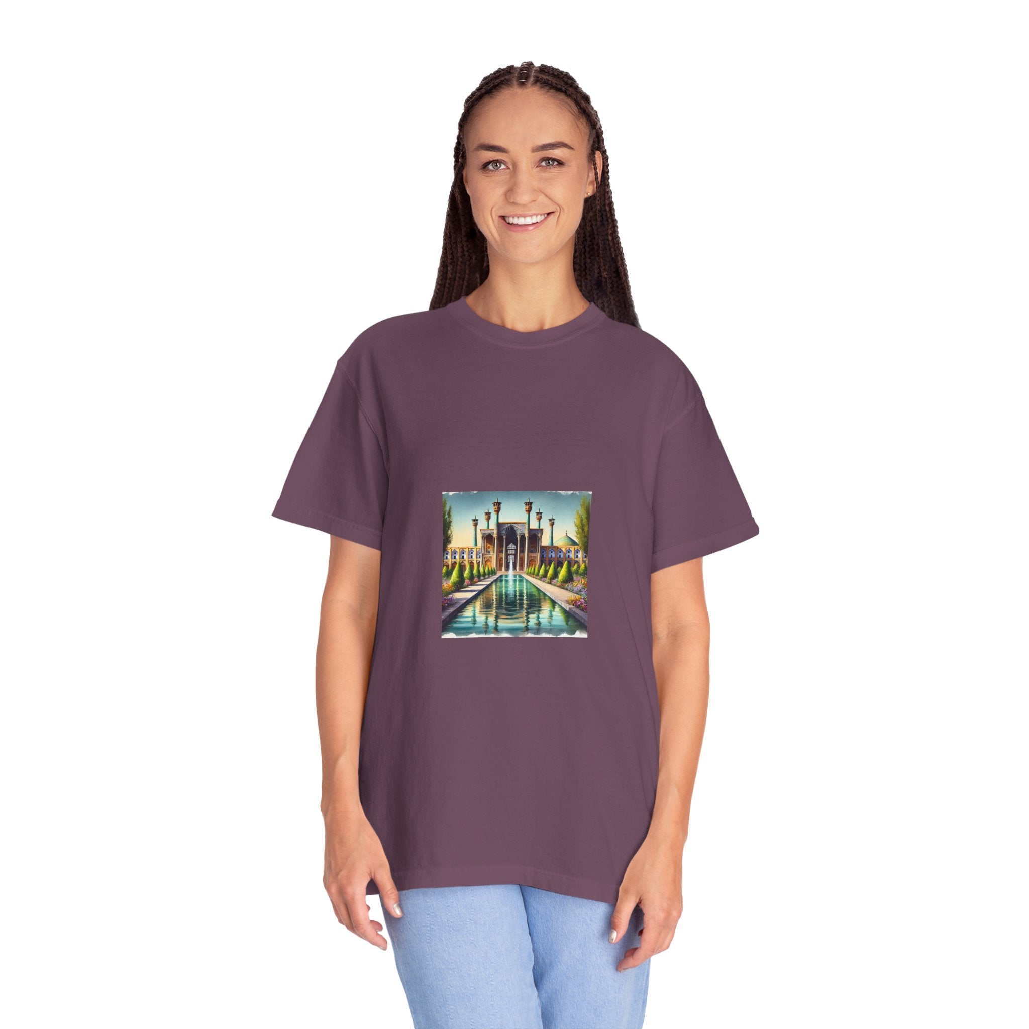 Persian art T-shirt traditional design, heritage clothing, ancient Persian culture, artistry, historical sites, decorative patterns, motifs