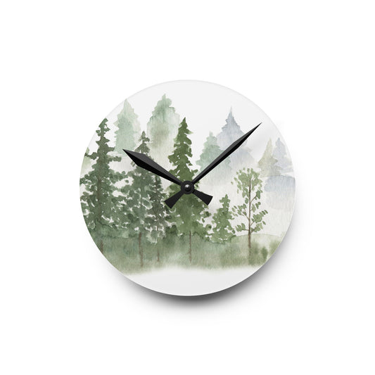 Watercolor Pine Oak Trees Acrylic Wall Clock