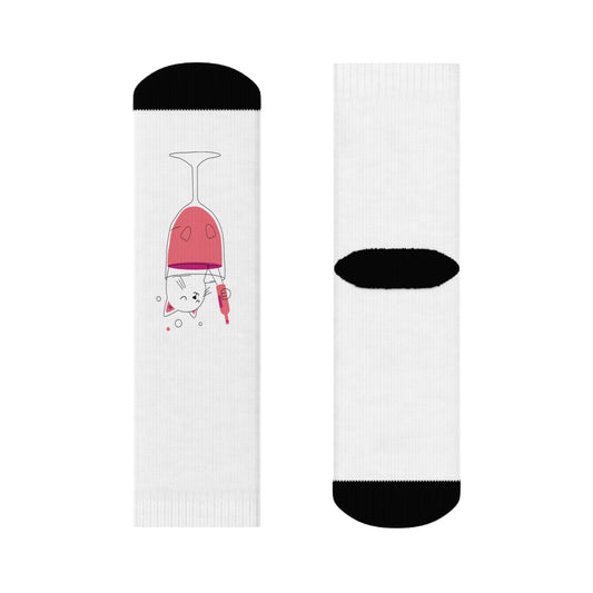 Funny kitty pink drink wine now show me yours Crew Socks