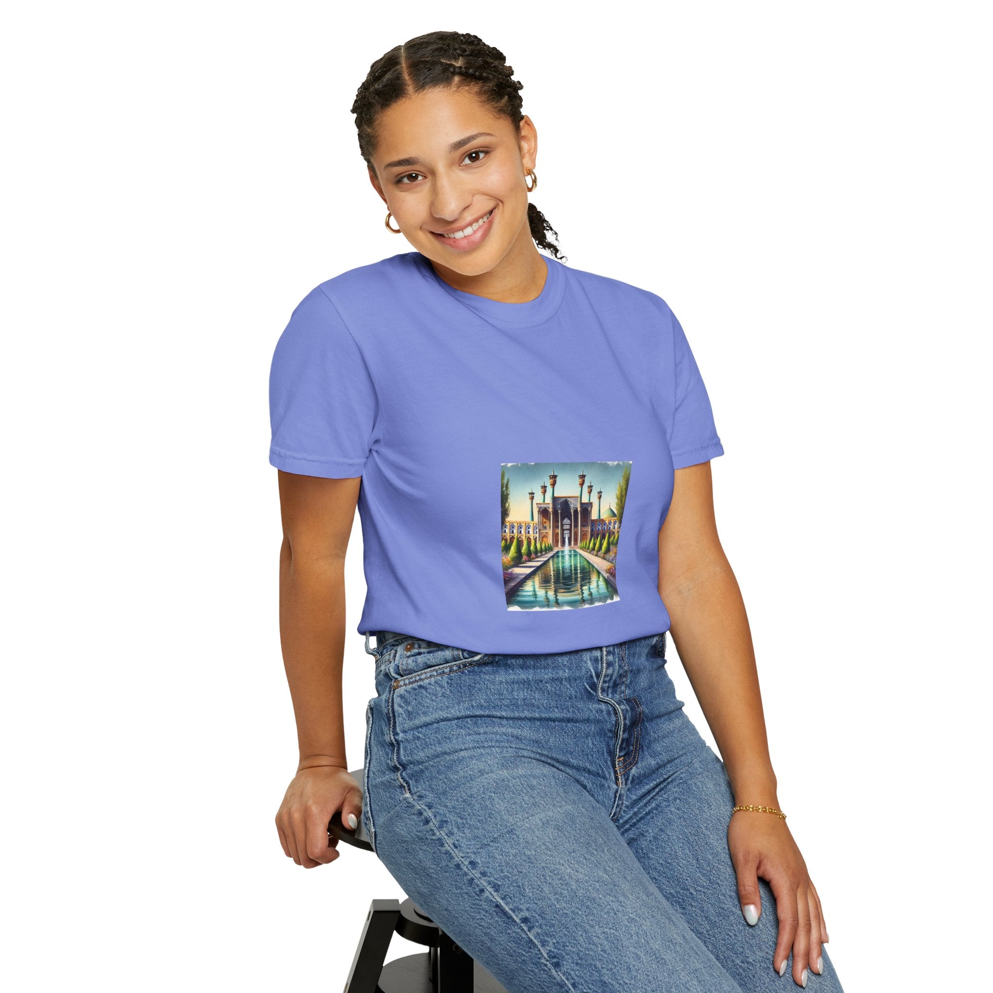 Persian art T-shirt traditional design, heritage clothing, ancient Persian culture, artistry, historical sites, decorative patterns, motifs