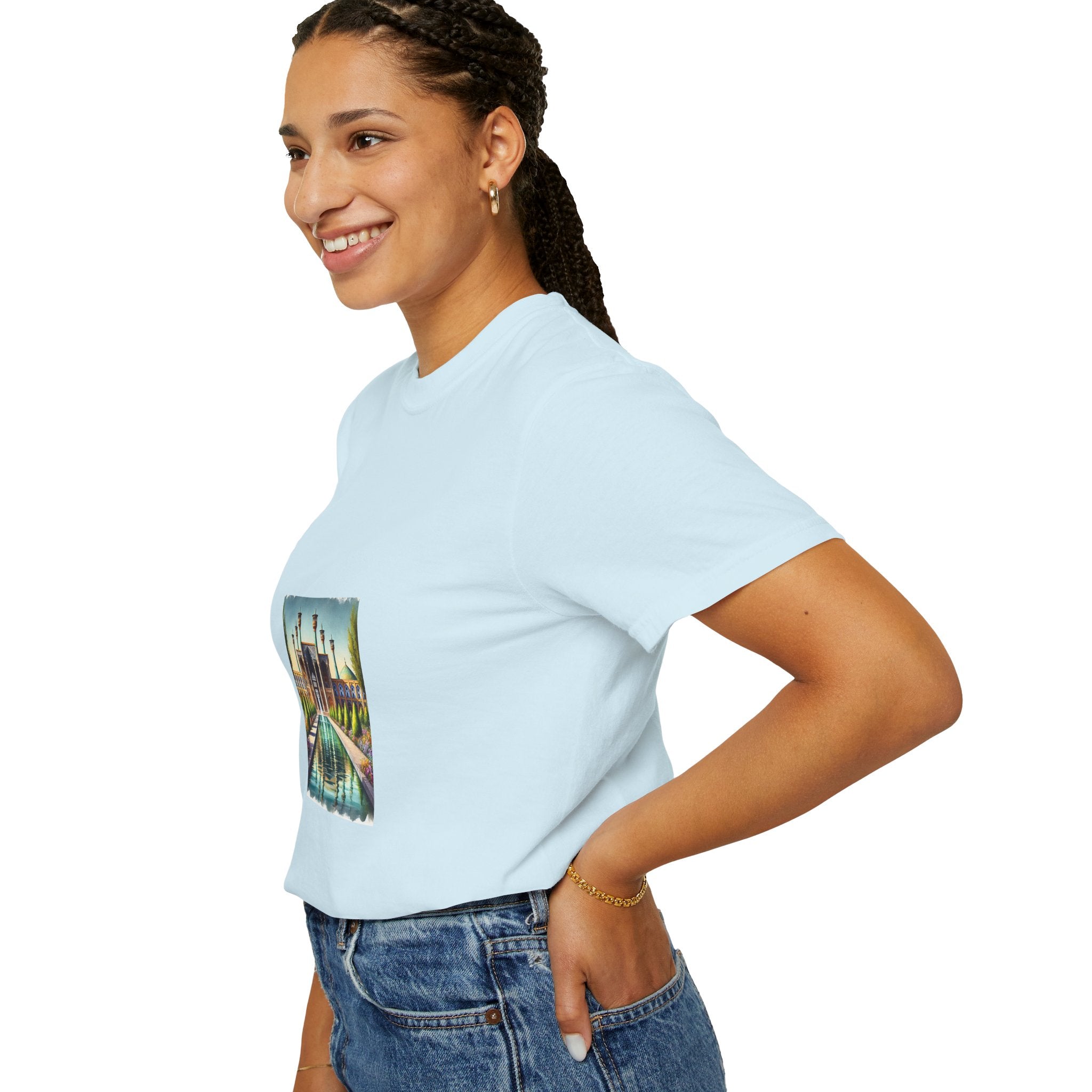 Persian art T-shirt traditional design, heritage clothing, ancient Persian culture, artistry, historical sites, decorative patterns, motifs