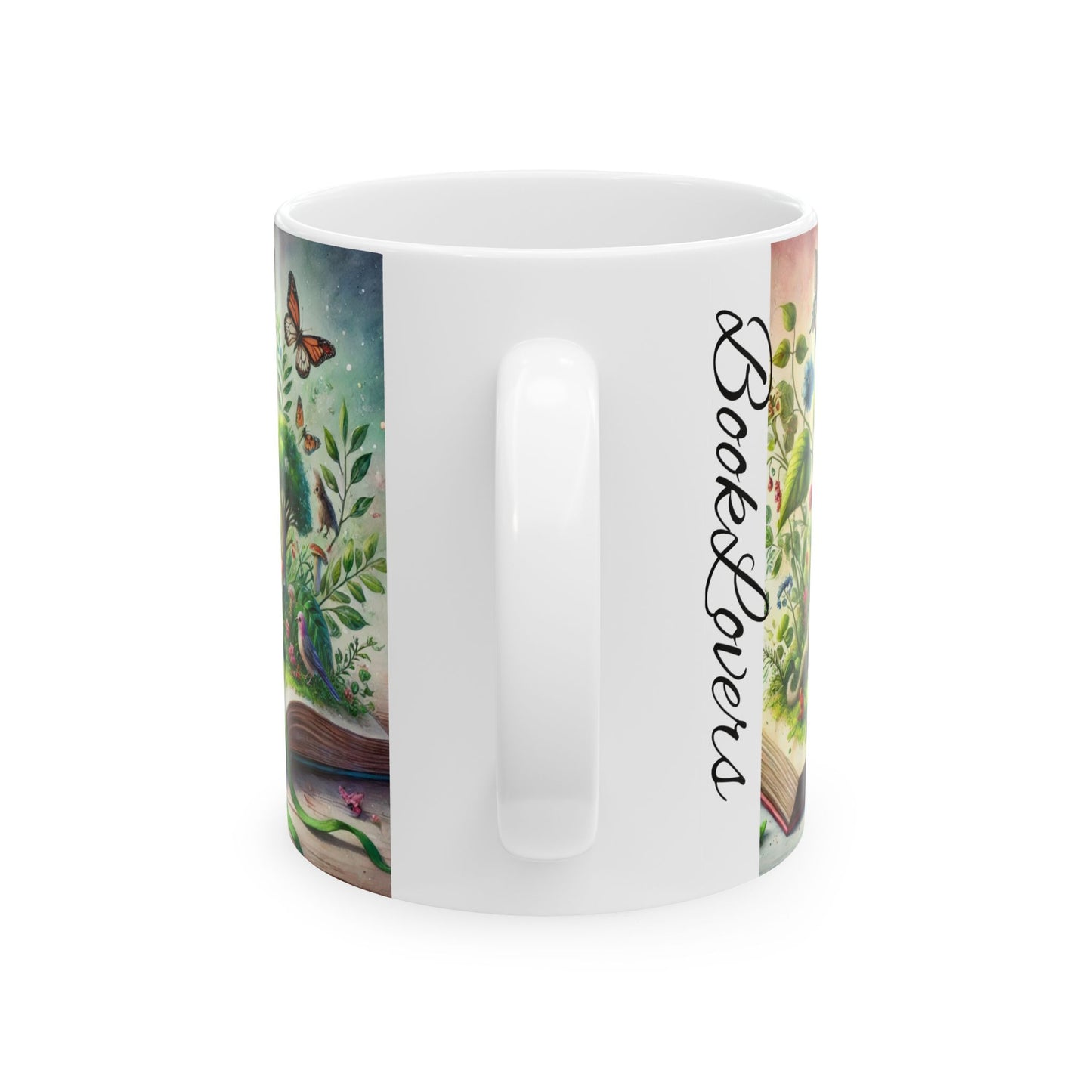 Book lovers: A Book Green Leaves Flowers Birds Butterflies Woodland Creatures Emerging, in Soft Dreamy Colors Ceramic Mug, (11oz, 15oz)