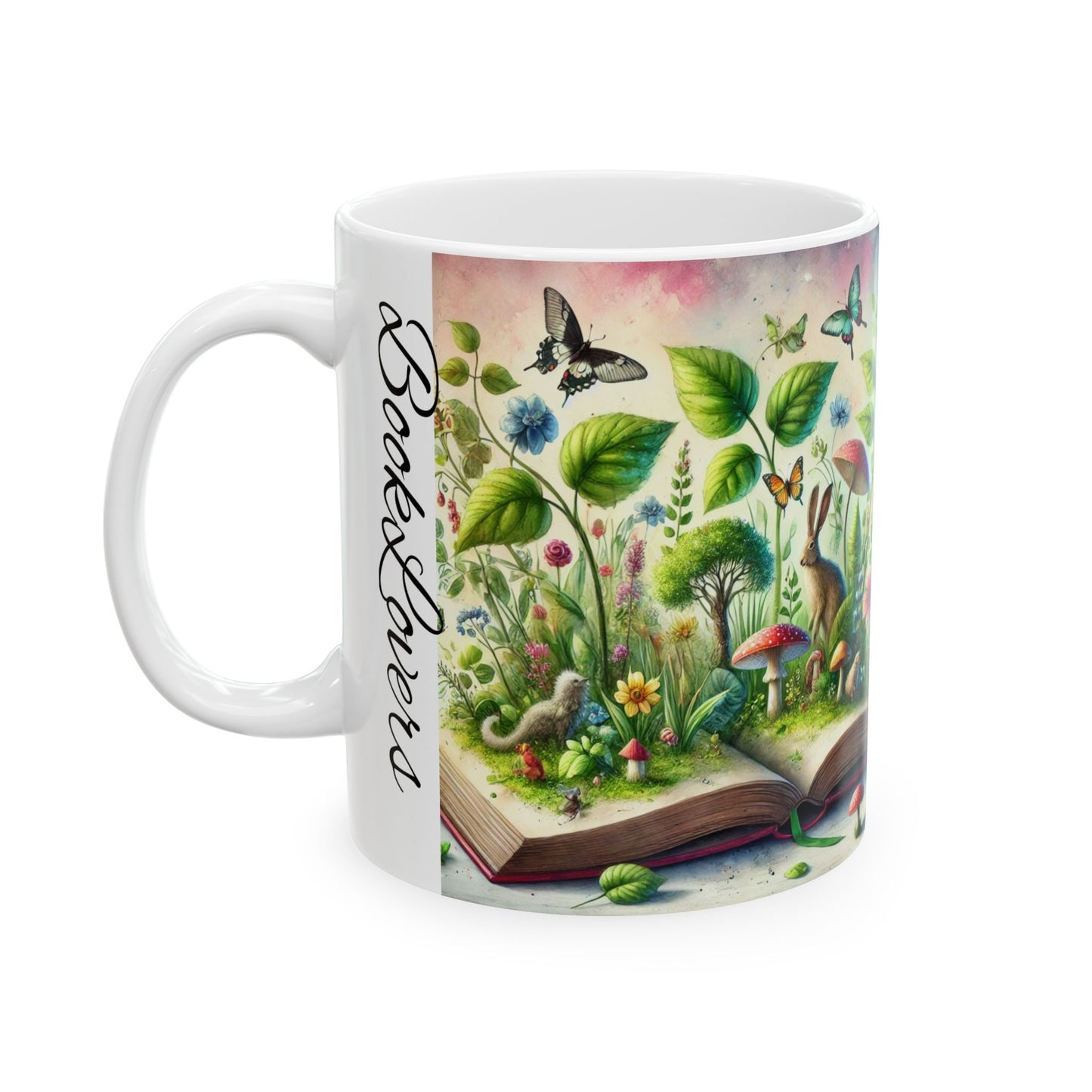 Book lovers: A Book Green Leaves Flowers Birds Butterflies Woodland Creatures Emerging, in Soft Dreamy Colors Ceramic Mug, (11oz, 15oz)