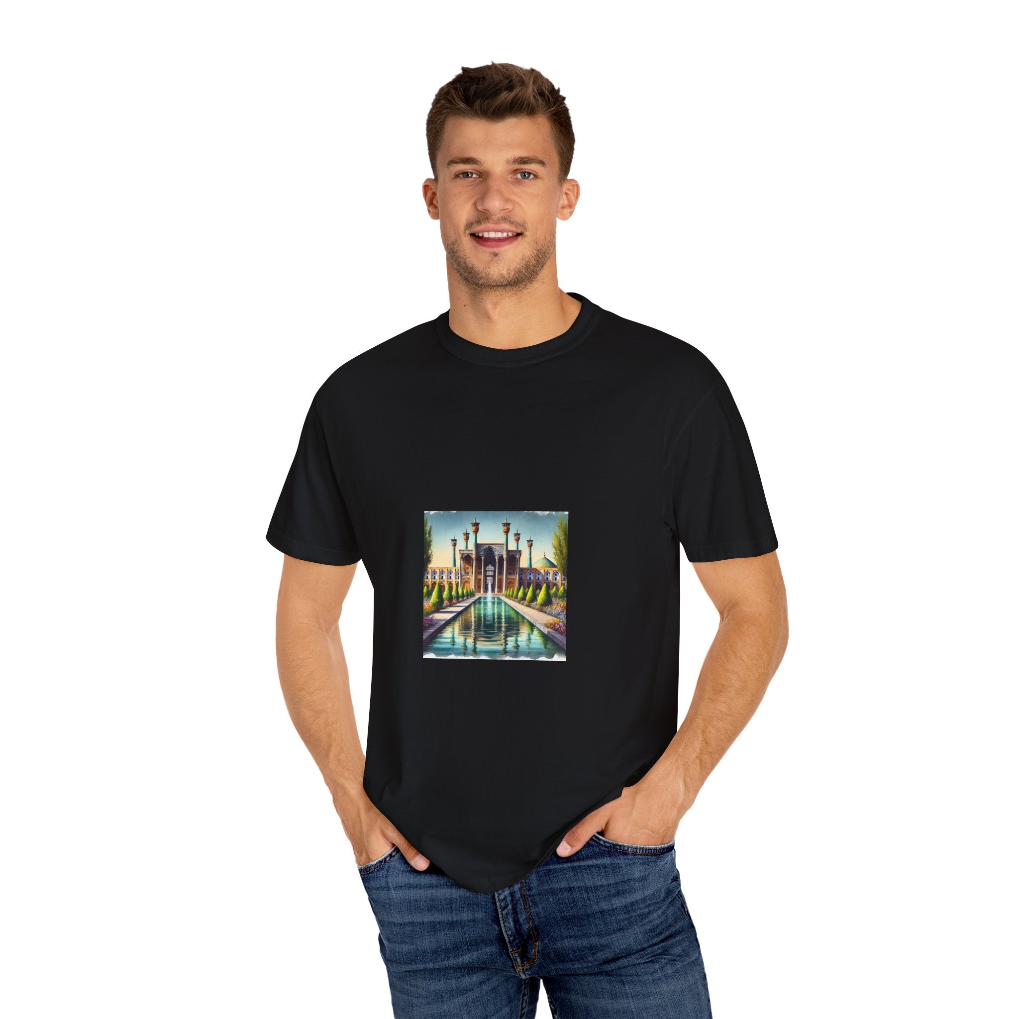 Persian art T-shirt traditional design, heritage clothing, ancient Persian culture, artistry, historical sites, decorative patterns, motifs