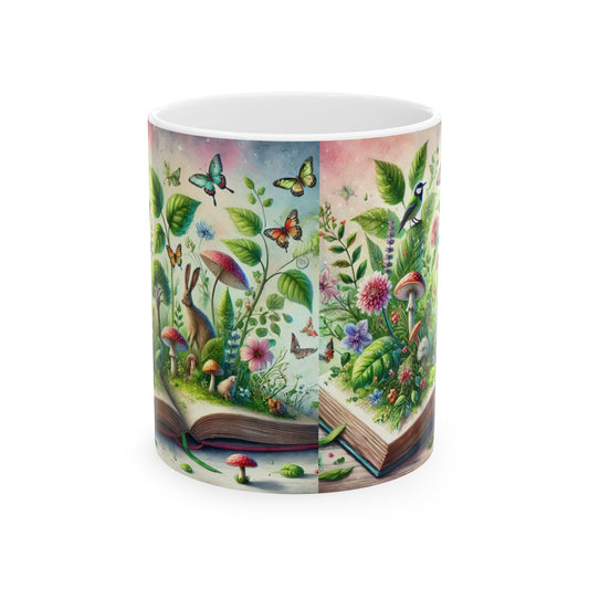 Book lovers: A Book Green Leaves Flowers Birds Butterflies Woodland Creatures Emerging, in Soft Dreamy Colors Ceramic Mug, (11oz, 15oz)