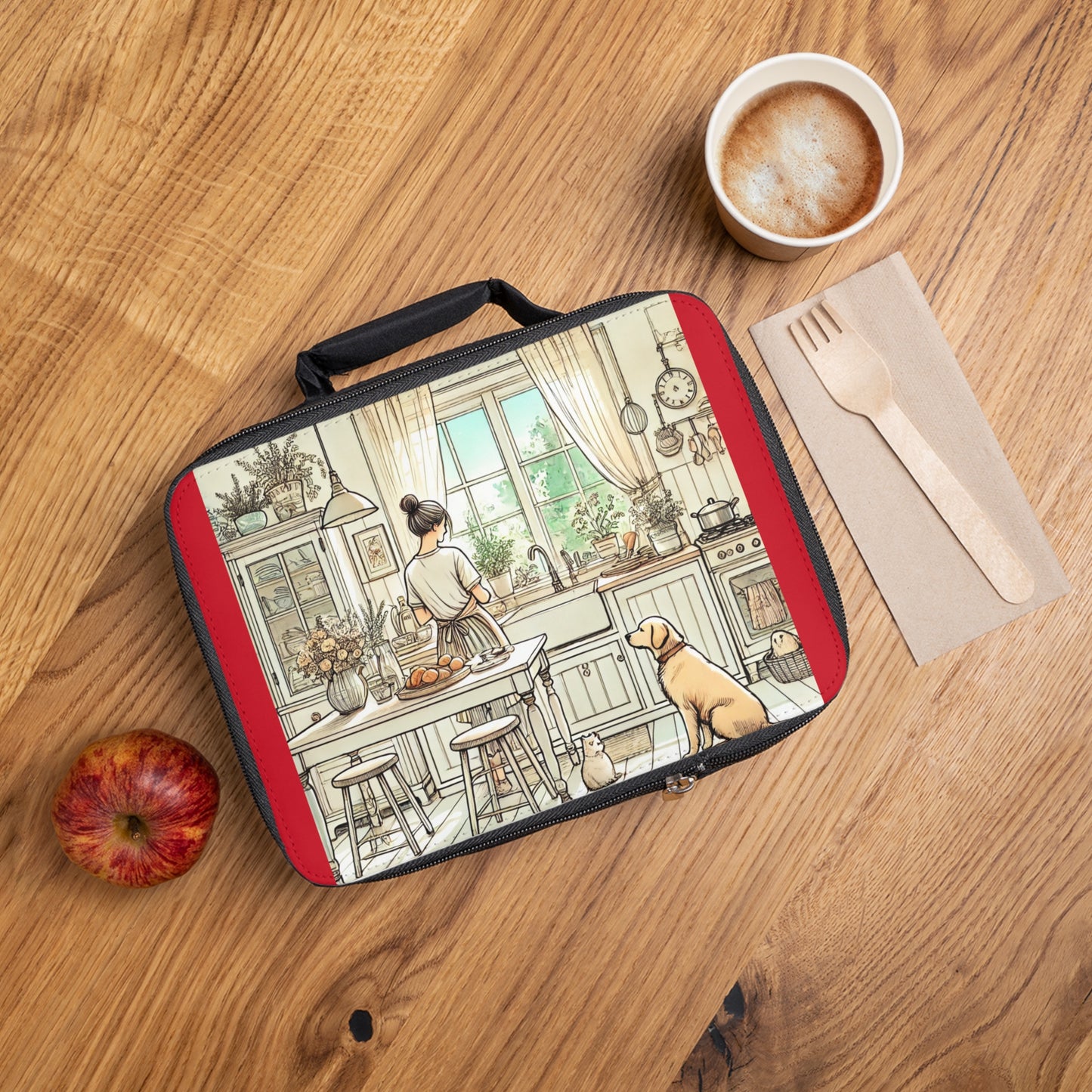 Summer Serenity: A Calm Kitchen Scene with a Woman, Dog, and Cat, Capturing Sunlit Ambiance and Gentle Harmony Lunch Bag