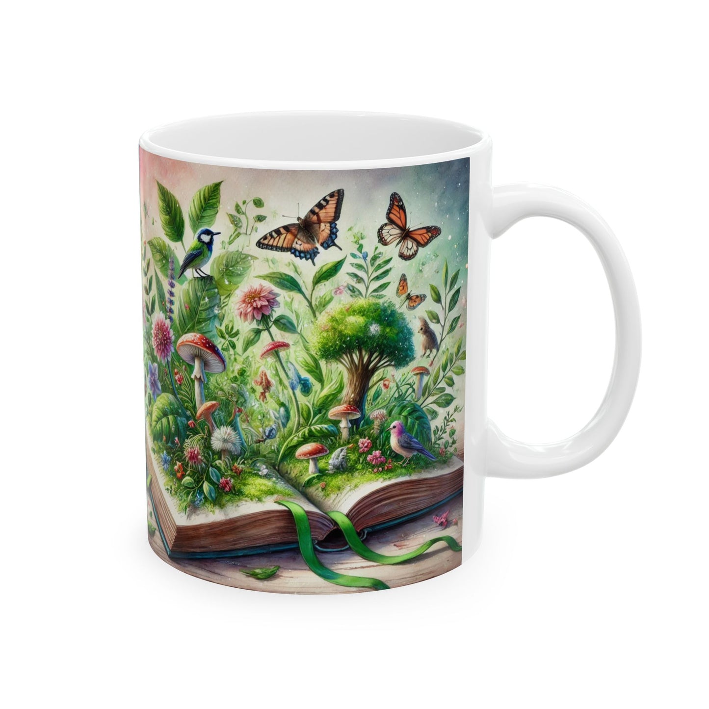 Book lovers: A Book Green Leaves Flowers Birds Butterflies Woodland Creatures Emerging, in Soft Dreamy Colors Ceramic Mug, (11oz, 15oz)