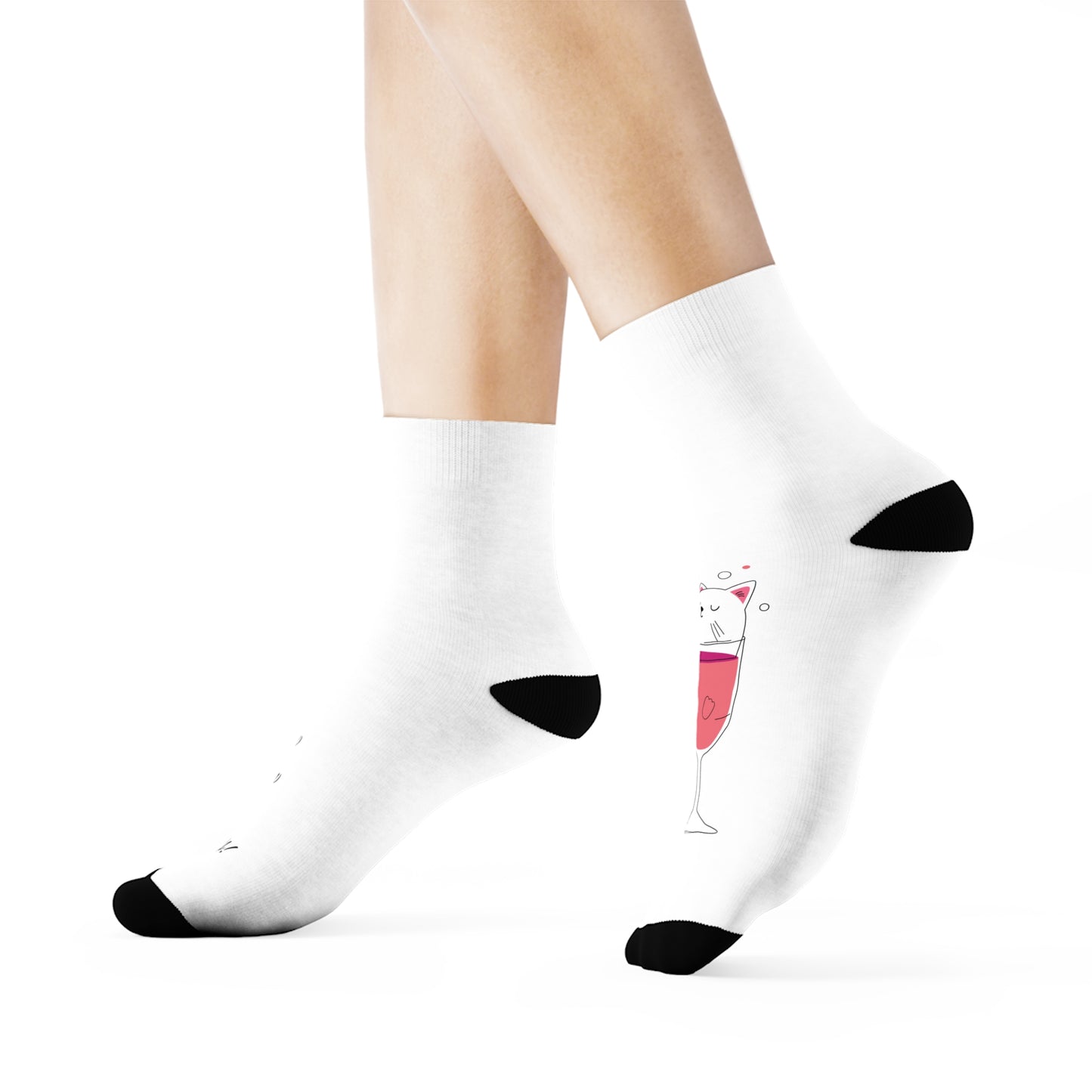 Funny kitty pink drink wine now show me yours Crew Socks