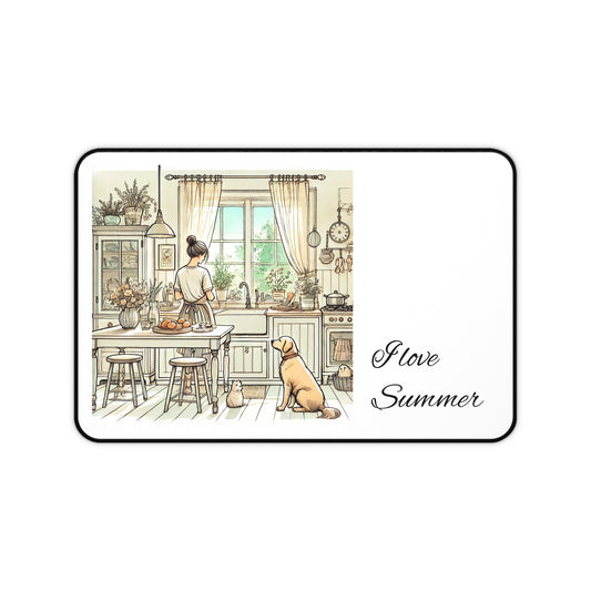Summer Serenity: A Calm Kitchen Scene with a Woman, Dog, and Cat, Capturing Sunlit Ambiance and Gentle Harmony Summer Vibes Summer Desk Mat