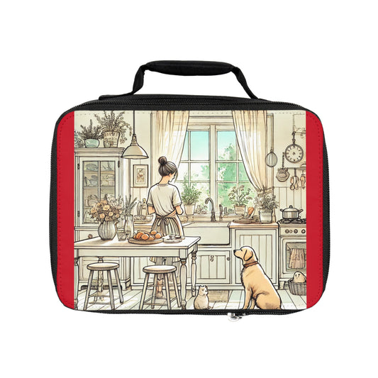 Summer Serenity: A Calm Kitchen Scene with a Woman, Dog, and Cat, Capturing Sunlit Ambiance and Gentle Harmony Lunch Bag